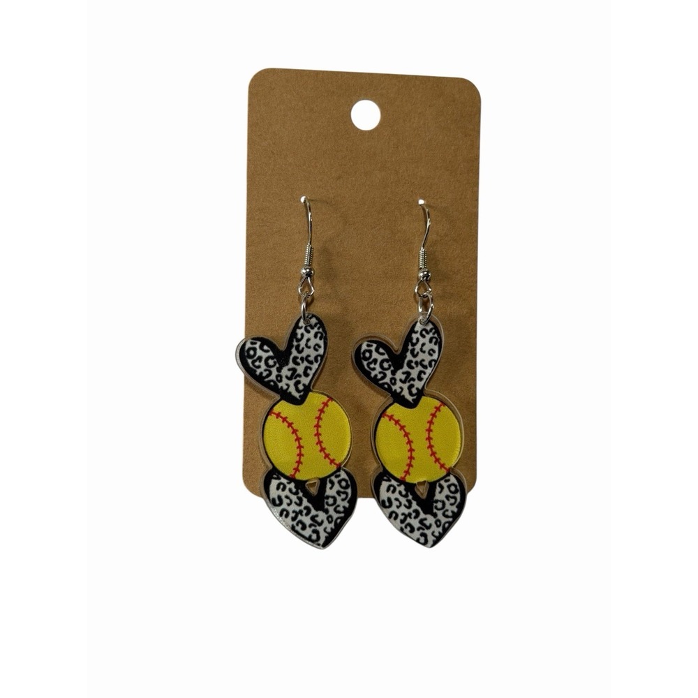 Softball‎ Leopard Heart Dangle Earrings Yellow Black White Acrylic Sport Jewelry